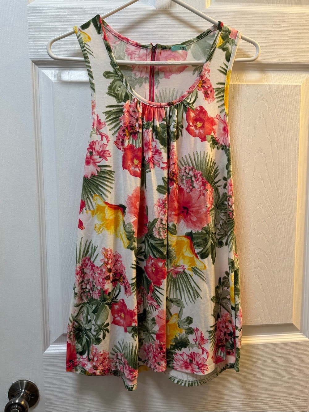 Floral Sleeveless A-Line Tank Top - White with Pink, Yellow & Green